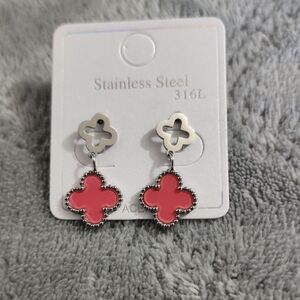 Stainless Steel Pink Clover Drop Earrings